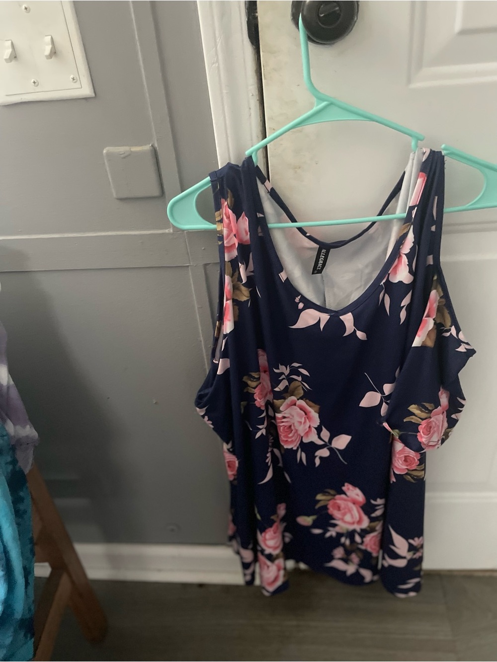 Floral Cold-Shoulder Blouse in Navy with Pink Roses